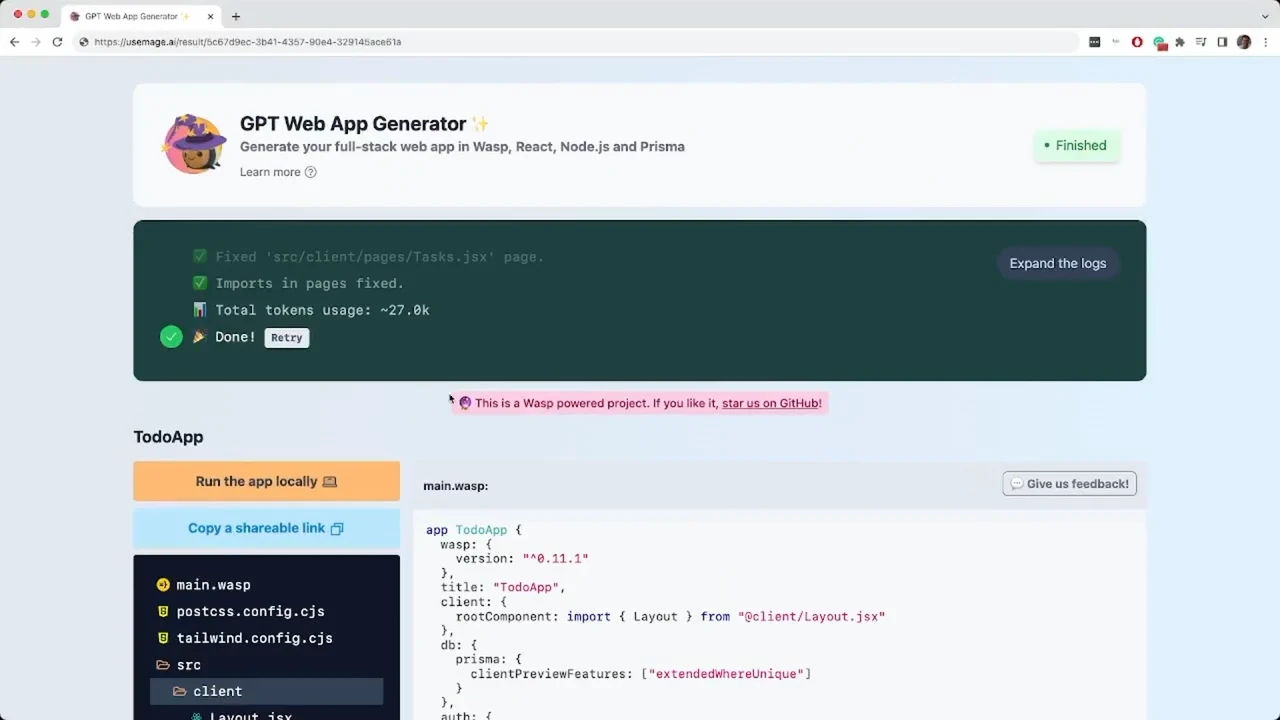 GPT Web App Generator showing Finished, a completed generation log, local-run and sharing buttons, a file tree, and main.wasp code.