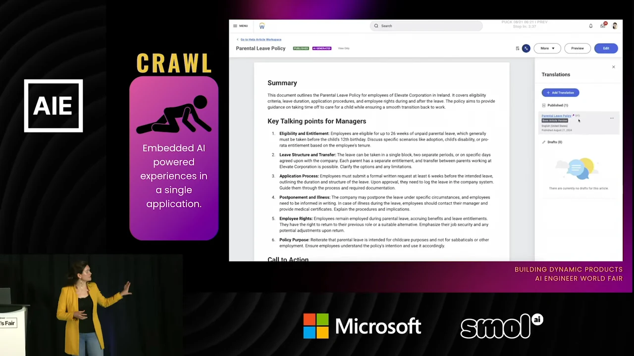 A Crawl card sits beside a Workday parental leave policy containing a summary and manager talking points, with a Translations panel on the right.