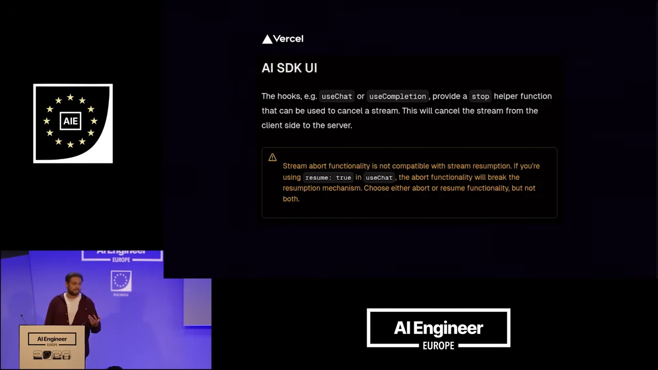 Vercel AI SDK UI documentation excerpt with a highlighted warning about stream abort breaking stream resumption.