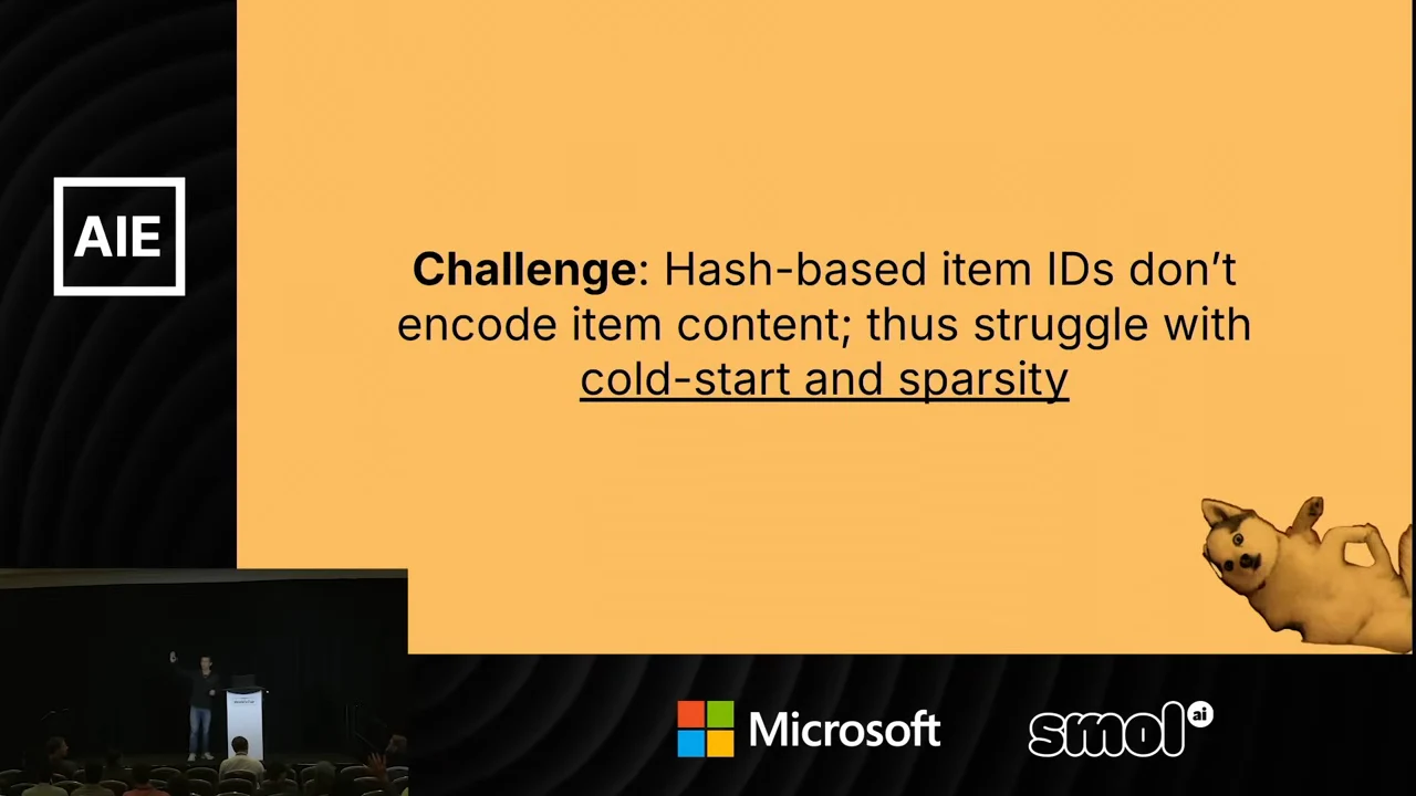 Slide stating that hash-based item IDs do not encode item content and thus struggle with cold start and sparsity, with a dog illustration at lower right.