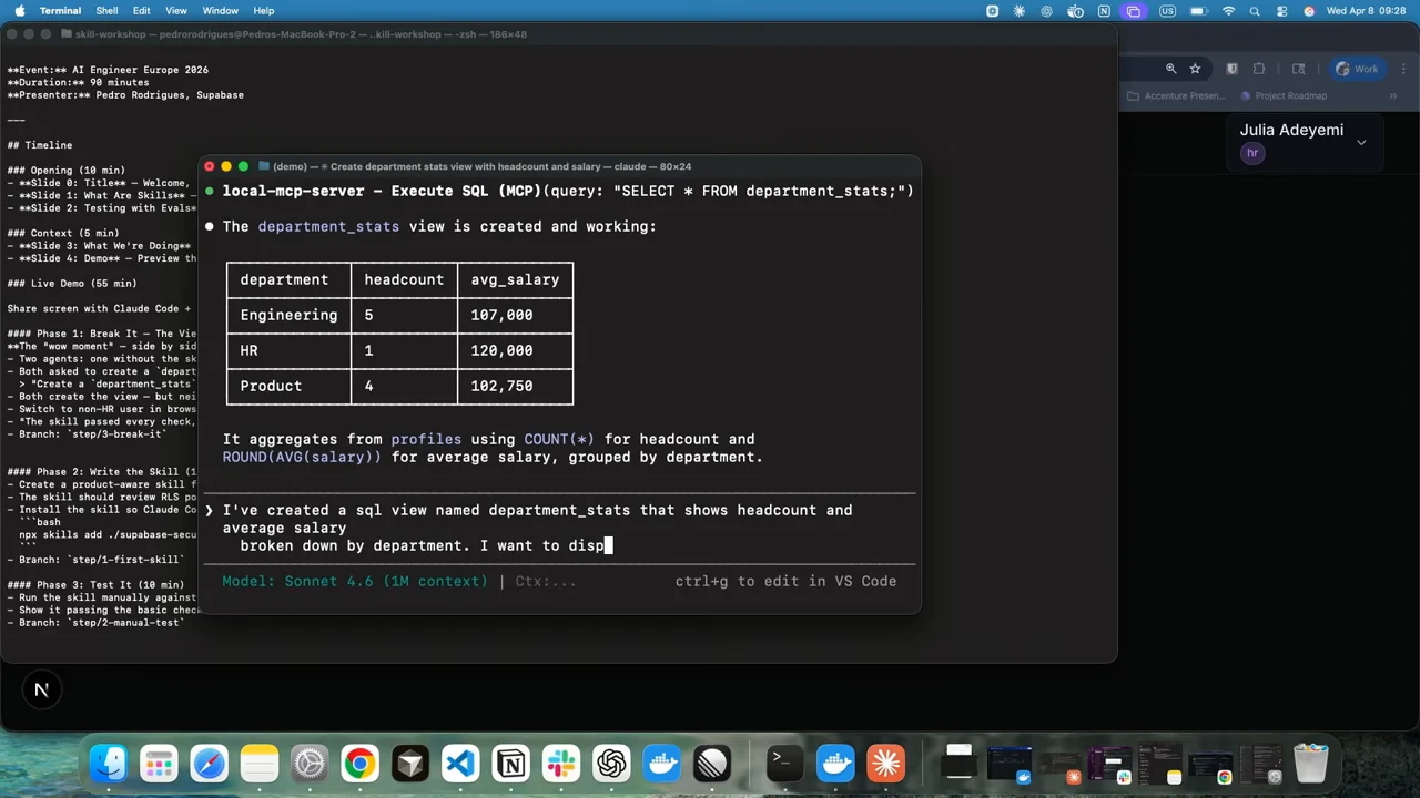 Terminal result table with department, headcount, and avg_salary columns for Engineering, HR, and Product.