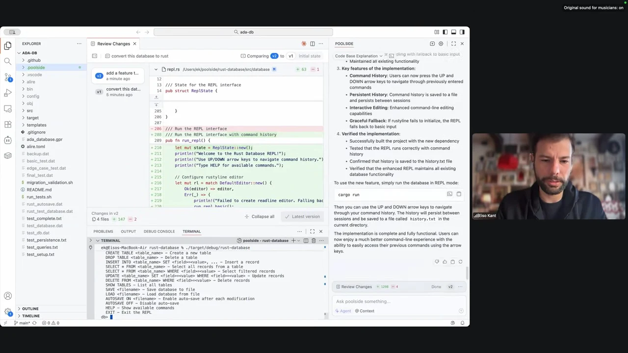 Visual Studio Code shows a red-and-green code diff, terminal help output, and an assistant response with a cargo run command.