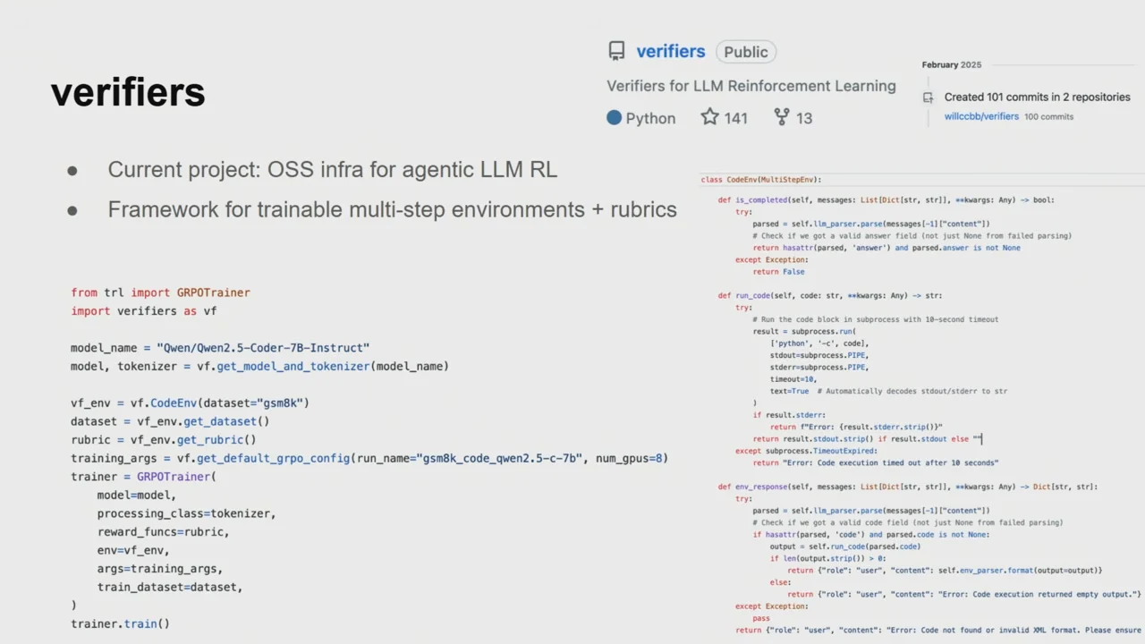 Verifiers slide showing a public repository header, training setup code on the left, and environment implementation code on the right.