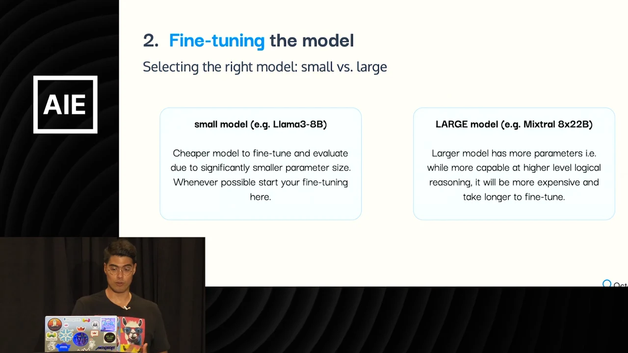 Two comparison boxes describe Llama 3 8B as cheaper to fine-tune and evaluate, and Mixtral 8x22B as more capable but more expensive and slower to fine-tune.
