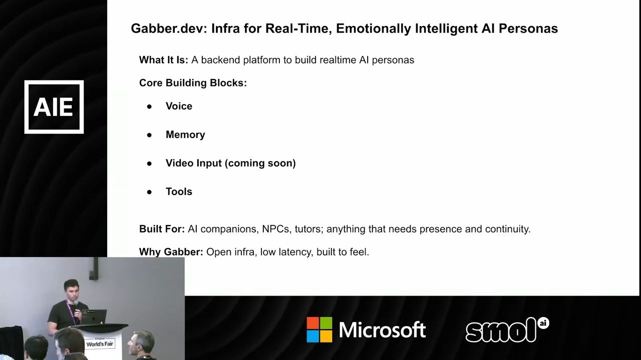 Gabber.dev overview listing voice, memory, video input coming soon, and tools, with AI companions, NPCs and tutors as use cases.