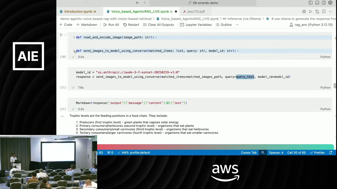 Notebook showing image-handling helper functions, a model call, and a four-item answer describing producers and consumers.