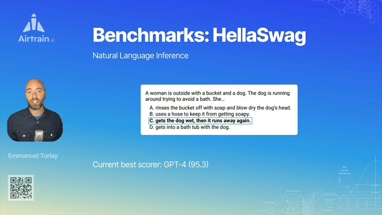 HellaSwag slide with a multiple-choice example about bathing a dog, answer C highlighted, and GPT-4 listed as current best scorer at 95.3.