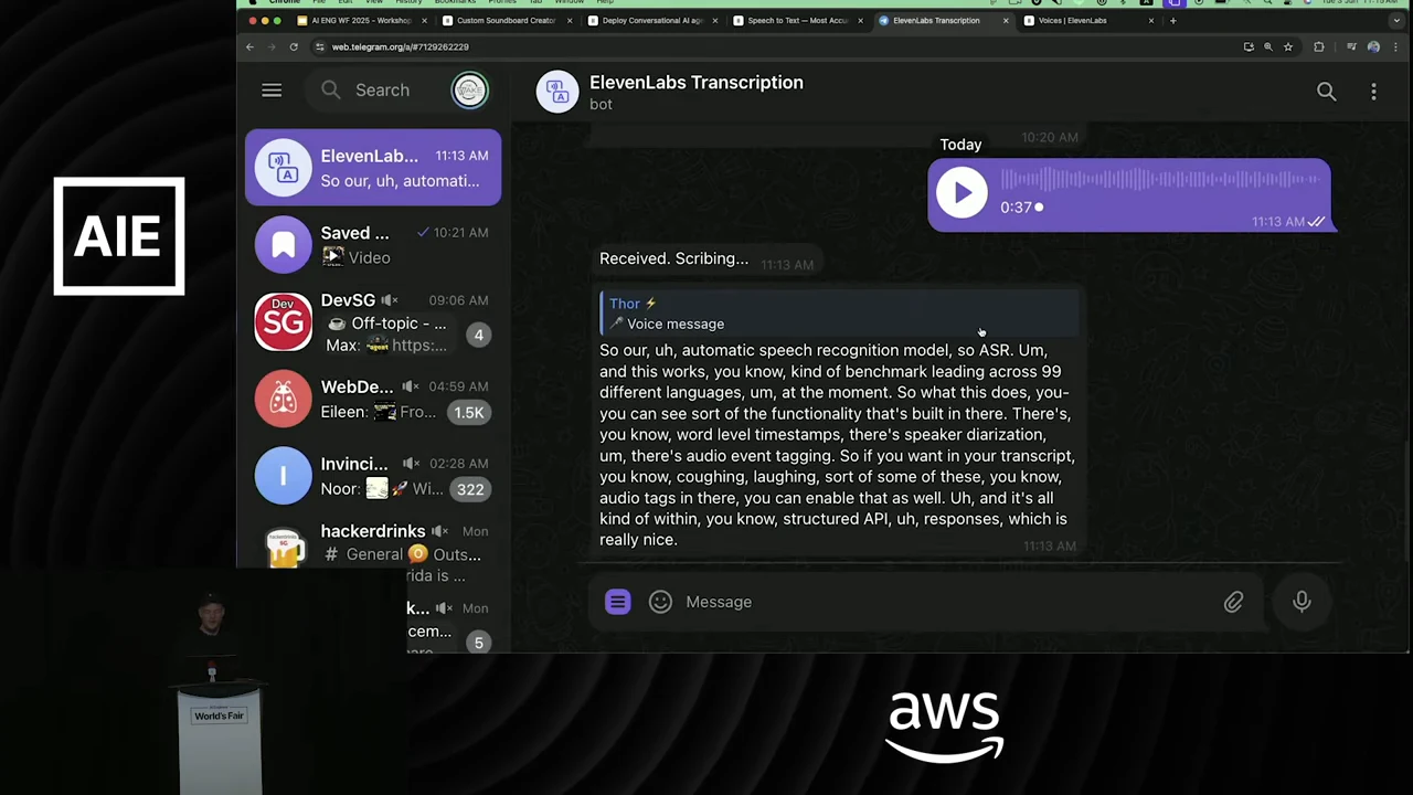 ElevenLabs Transcription bot conversation showing a purple voice-message player above a completed text response.