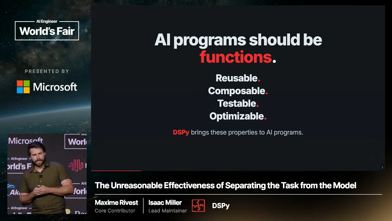 Slide headed “AI programs should be functions,” listing four properties and stating that DSPy brings these properties to AI programs.