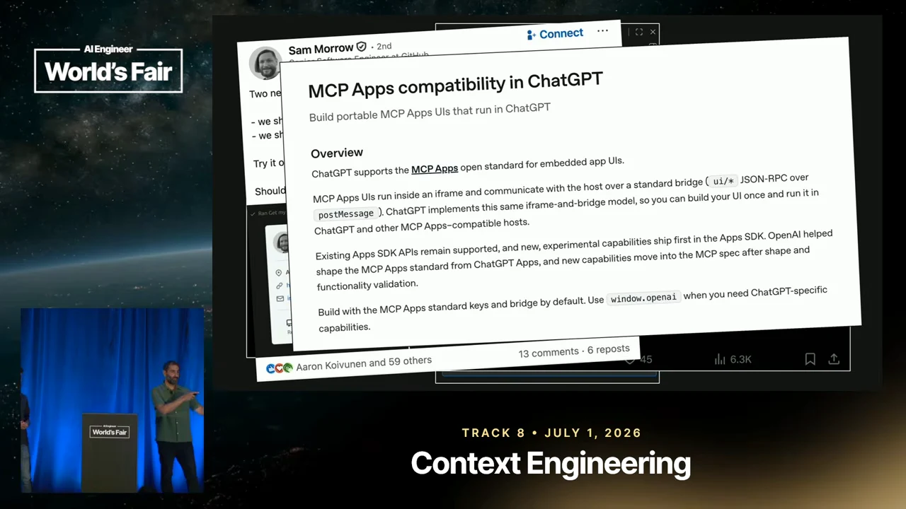 Slide showing a document titled “MCP Apps compatibility in ChatGPT” over screenshots of social posts.