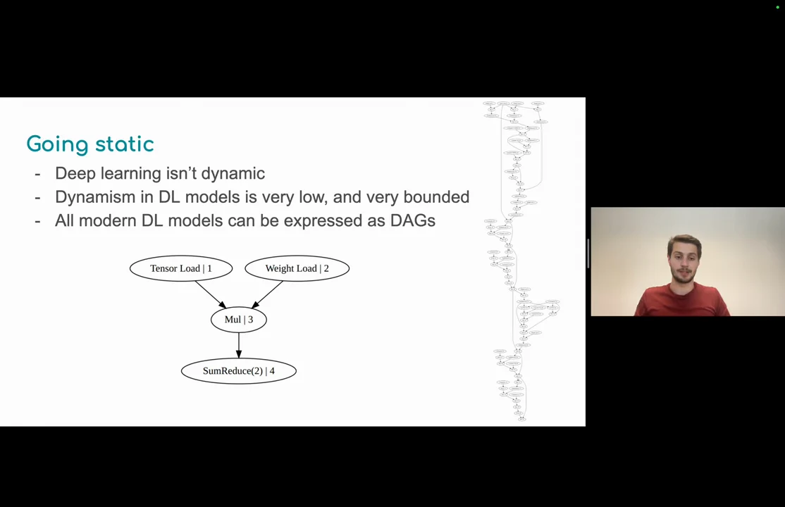 “Going static” slide with tensor and weight load nodes feeding Mul, then SumReduce, alongside a taller operation graph.