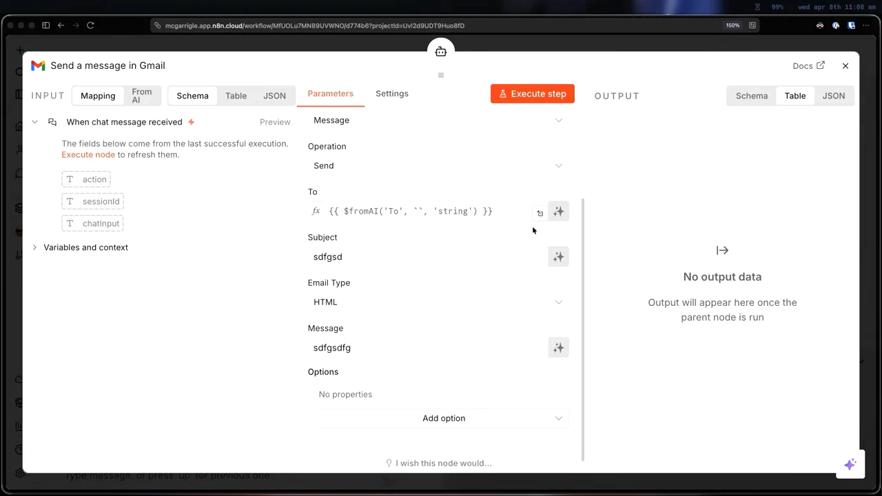 Gmail Send parameters show an expression in To and literal text in Subject and Message, with no output data.