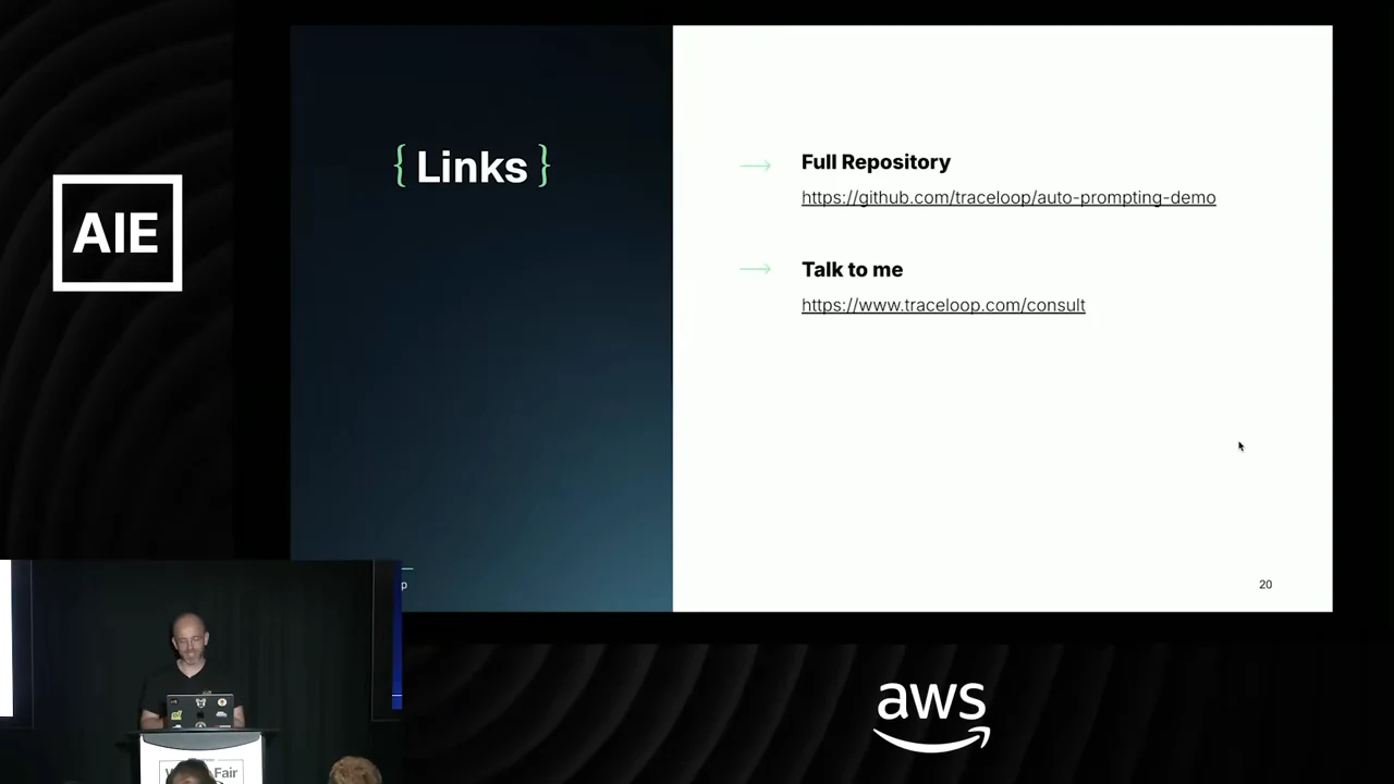 Links slide listing Full Repository at https://github.com/traceloop/auto-prompting-demo and Talk to me at https://www.traceloop.com/consult.