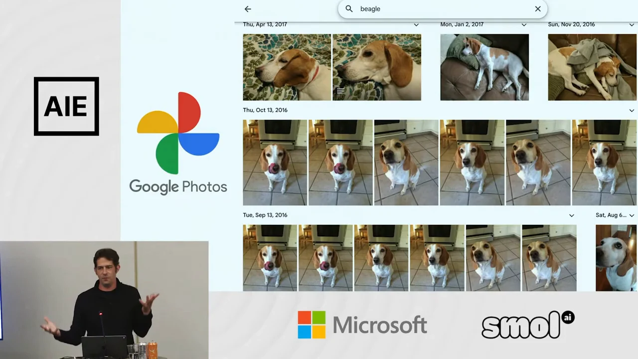 Google Photos logo beside a search bar containing “beagle” and rows of dog photographs.