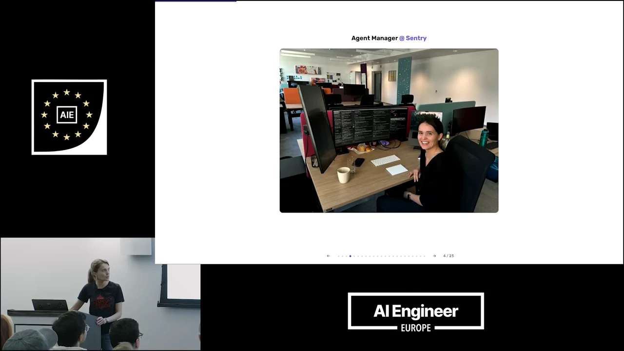 Slide showing Priscila seated at a desk surrounded by monitors, under the heading “Agent Manager @ Sentry.”