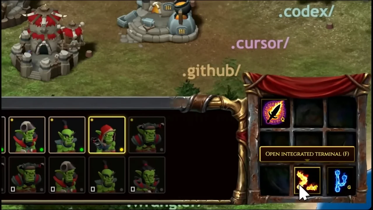 Close-up of agent portraits and action icons, with a tooltip reading “Open integrated terminal (F).”