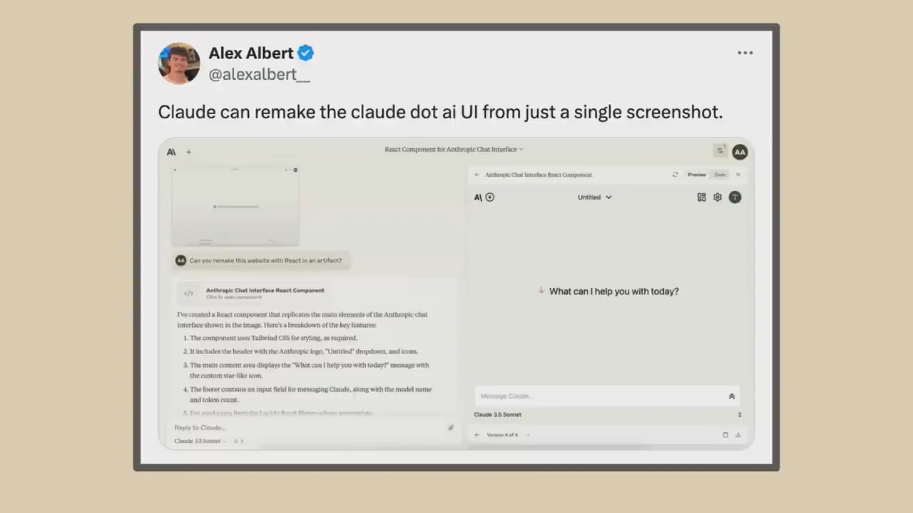 Alex Albert’s post showing a Claude conversation on the left and a recreated chat interface in an Artifact preview on the right.