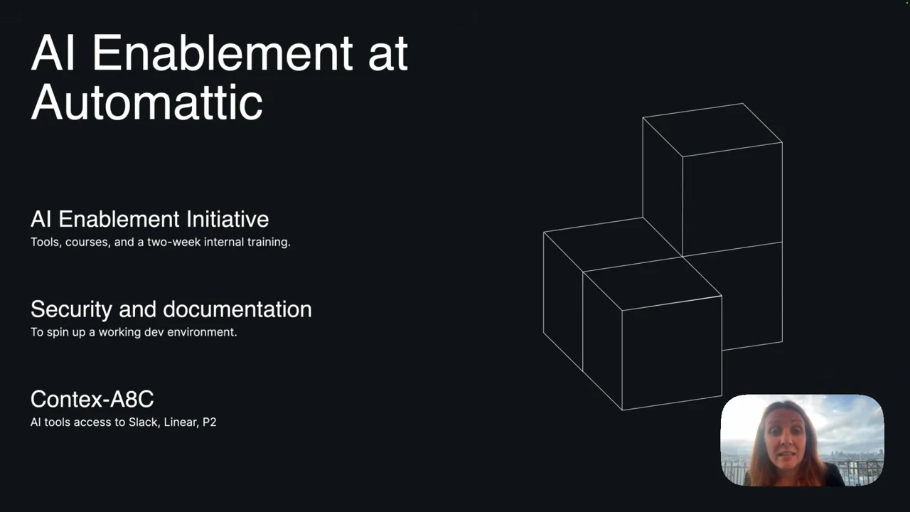 AI Enablement at Automattic slide listing tools, courses and two-week internal training; security and documentation; and Contex-A8C access to Slack, Linear and P2, beside outlined cubes.