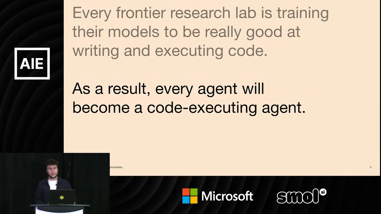 Slide with a faded statement about frontier labs training models to write and execute code, followed by the emphasized conclusion that every agent will become a code-executing agent.