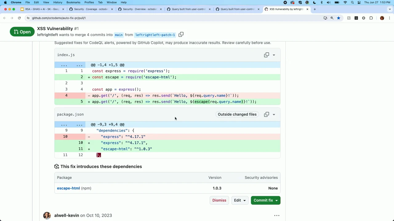 GitHub pull request showing suggested index.js and package.json changes adding escape-html, a dependency summary, and Dismiss, Edit, and Commit fix buttons.