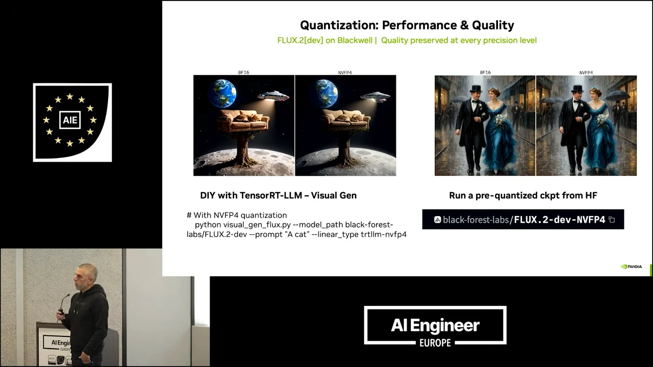 Quantization performance and quality slide showing paired BF16 and NVFP4 images, a TensorRT-LLM Visual Gen command, and a pre-quantized Hugging Face checkpoint.