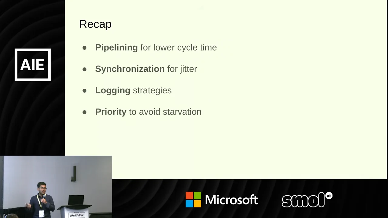 Recap slide listing pipelining for lower cycle time, synchronization for jitter, logging strategies, and priority to avoid starvation.