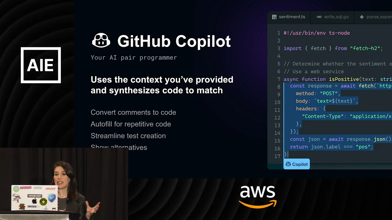GitHub Copilot slide with a context-to-code statement, example uses, and an editor screenshot.