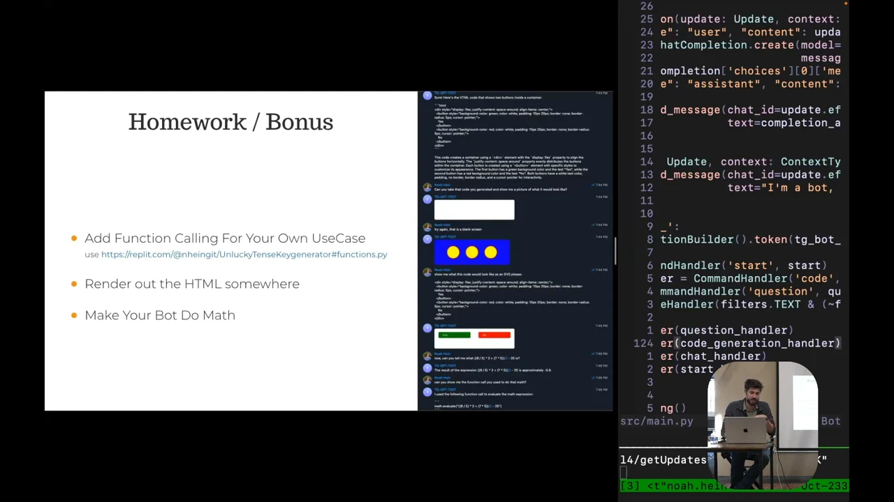 Homework / Bonus slide with three suggestions and a chat screenshot containing yellow circles on blue and green and red buttons.