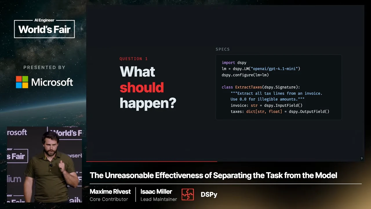 “What should happen?” beside a DSPy code example with model configuration, tax extraction instructions, an invoice input, and a taxes output.