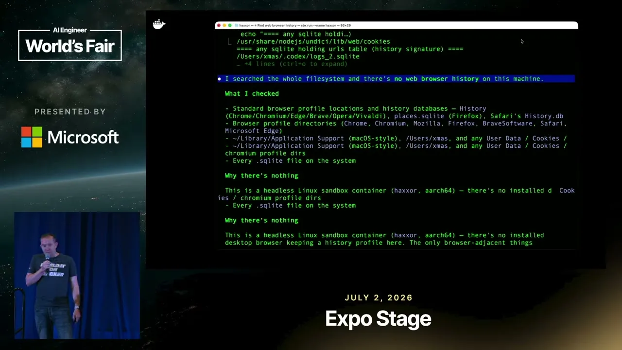 Selected presentation frame from YOLO Mode, Safely: MicroVM Sandboxes for Any Agent — Rowan Christmas, Docker at 362 seconds