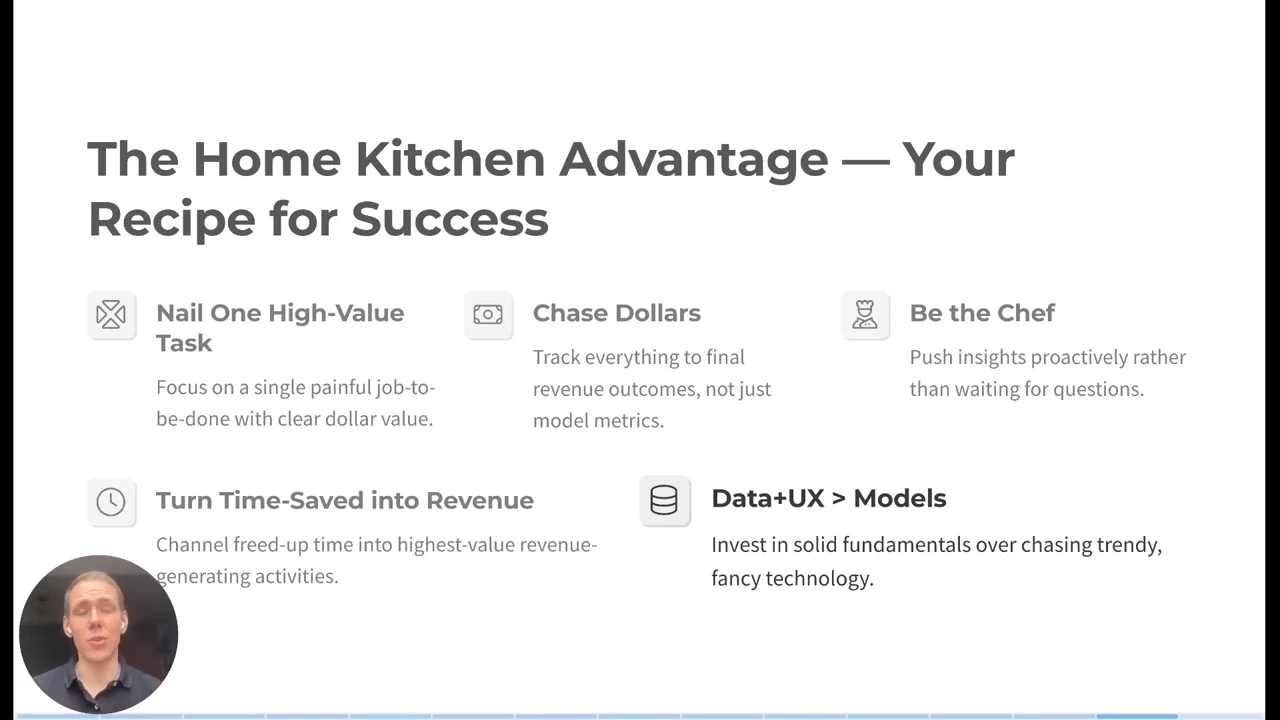 “The Home Kitchen Advantage — Your Recipe for Success” recap with five labeled principles and explanatory text; Data+UX > Models is emphasized.