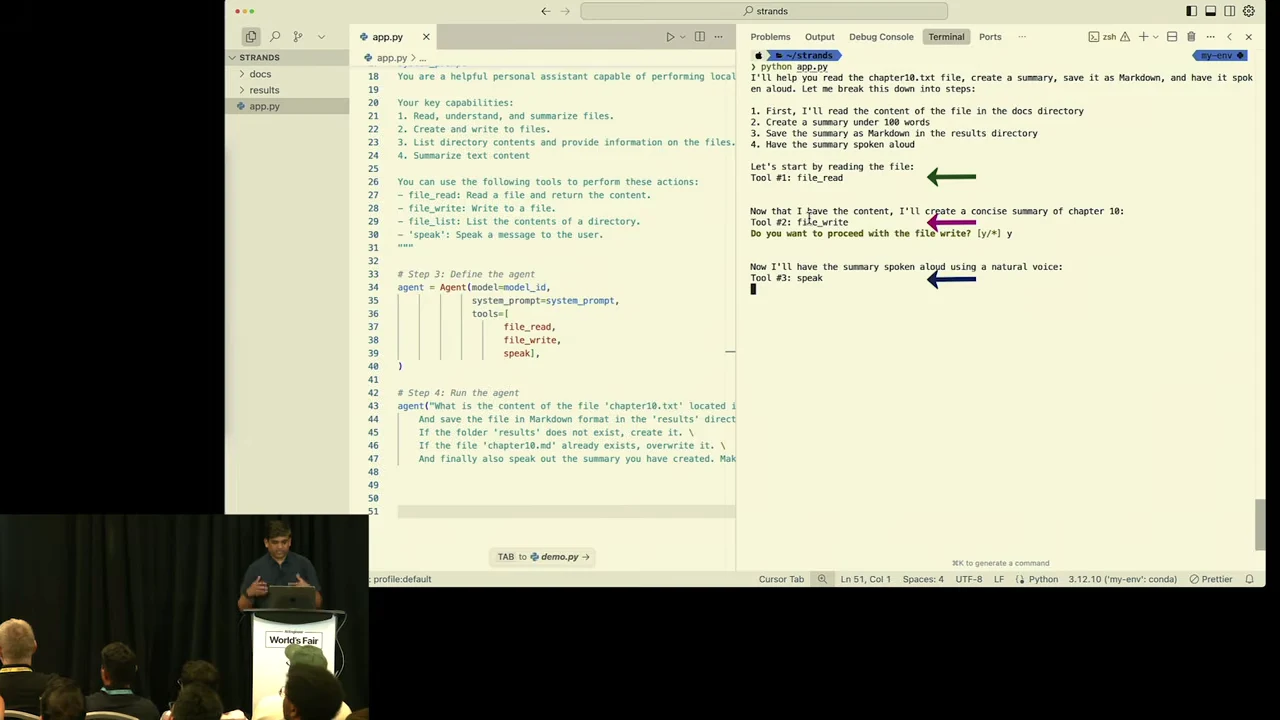 Code editor beside terminal output showing a file-reading step, a summary-writing step, and a speak tool call, highlighted by colored arrows.