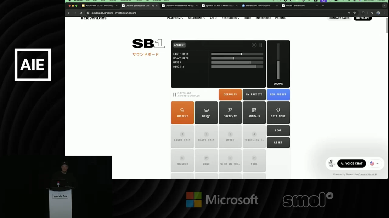 ElevenLabs SB1 soundboard with ambient track bars, a volume slider, category buttons and sound pads.