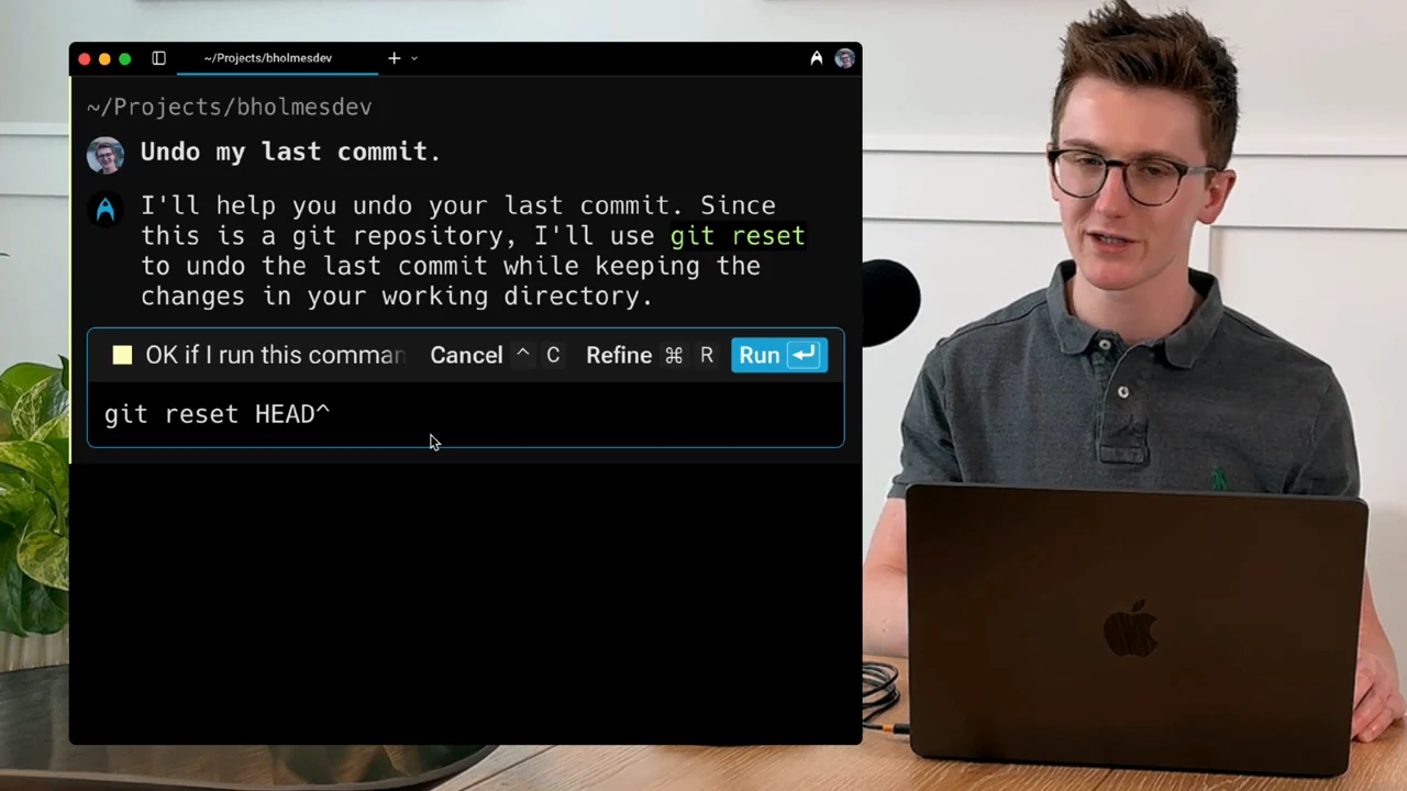 Terminal showing the undo request, an explanation, and a command approval panel with a Run button.