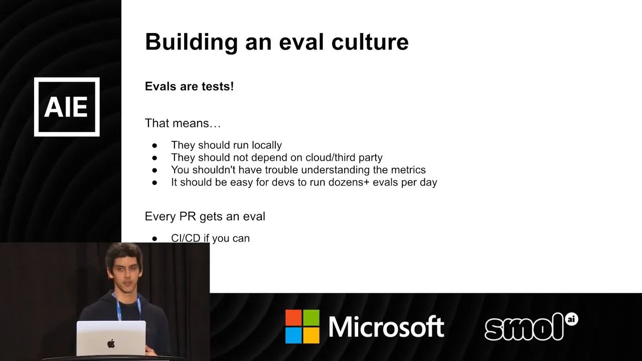 Slide listing local execution, independence from cloud services, understandable metrics, frequent developer runs, and an eval for every PR.