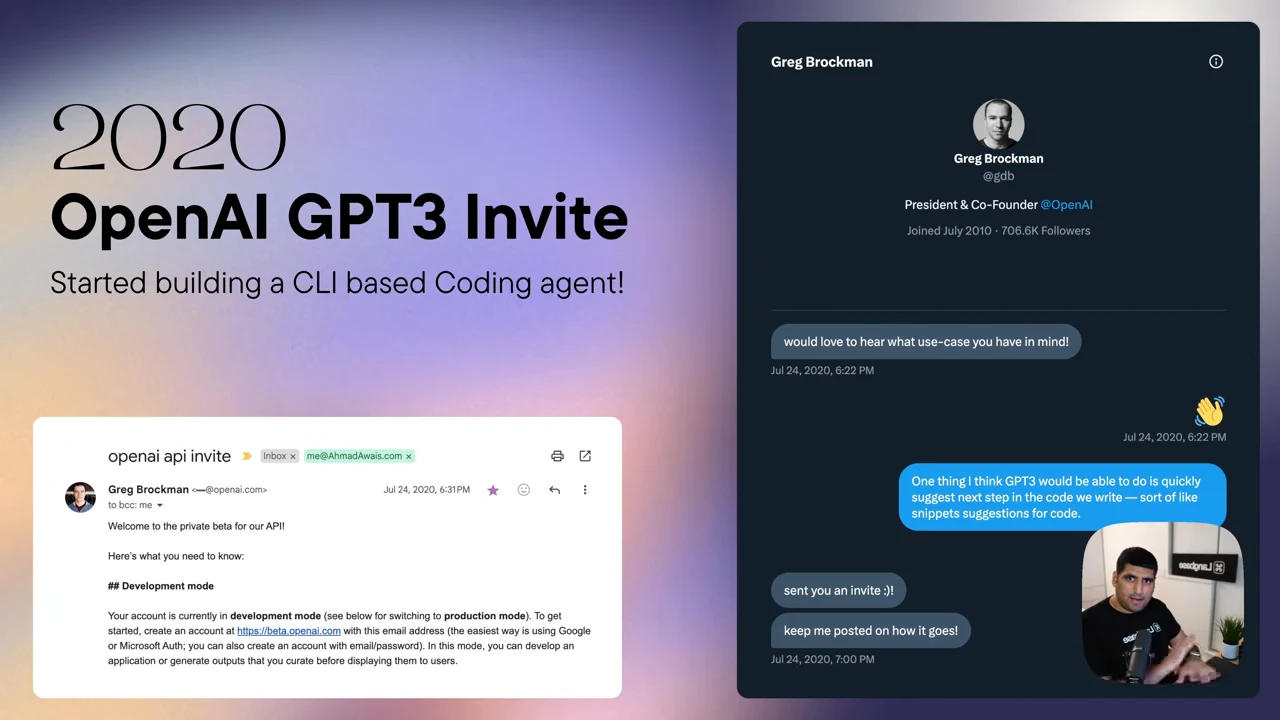 Slide titled “2020 OpenAI GPT3 Invite” with an invitation email and a Greg Brockman message exchange about suggesting code.