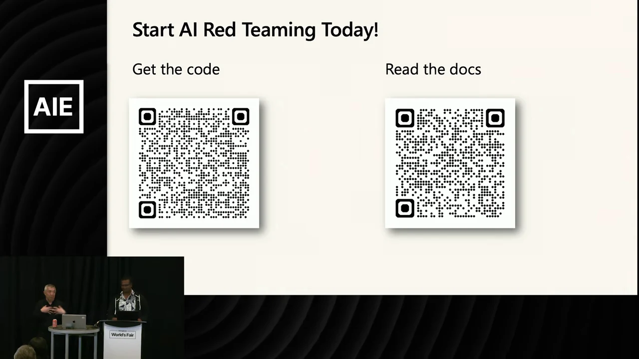 Slide titled Start AI Red Teaming Today! with two QR codes labeled Get the code and Read the docs.