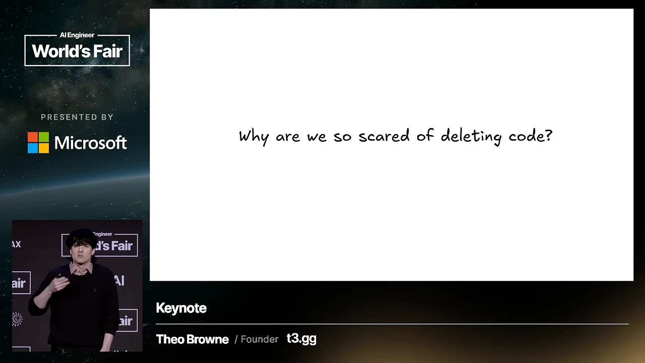 White slide with the centered question “Why are we so scared of deleting code?” and a speaker inset at lower left.