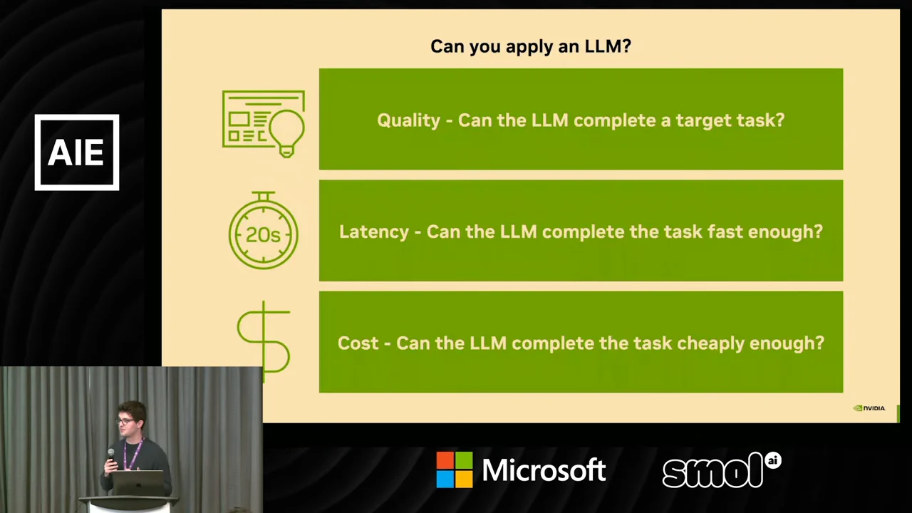 Three green rows ask whether an LLM can complete a target task, complete it fast enough, and complete it cheaply enough.