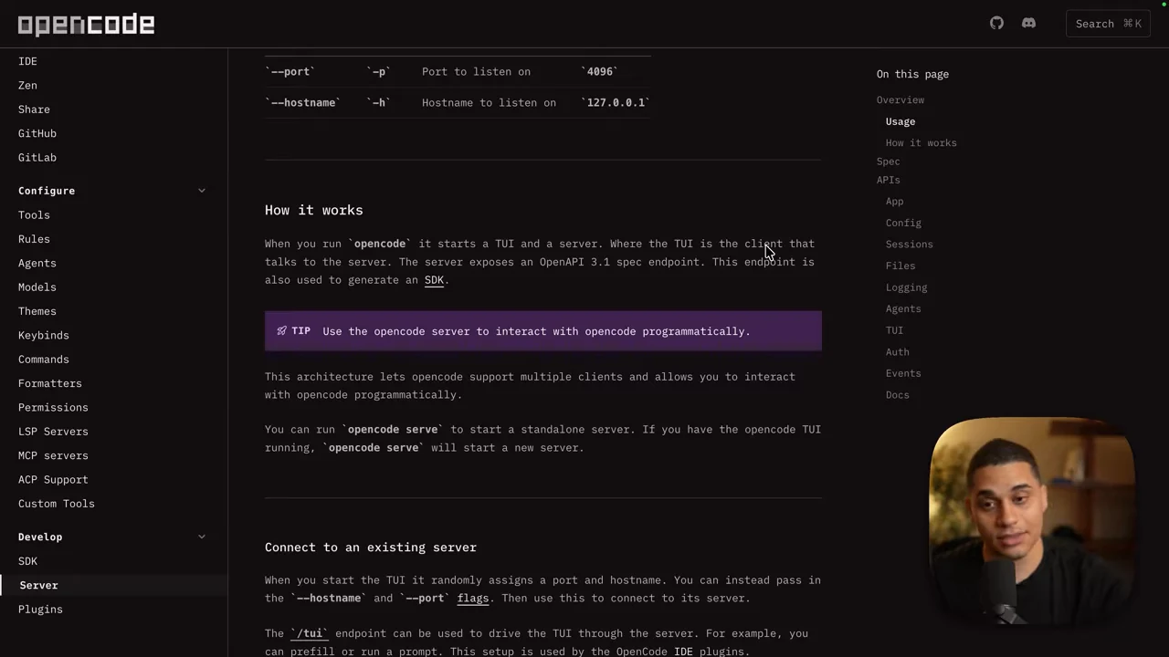 OpenCode Server documentation at the How it works section, with a highlighted tip about programmatic interaction and a section on connecting to an existing server.