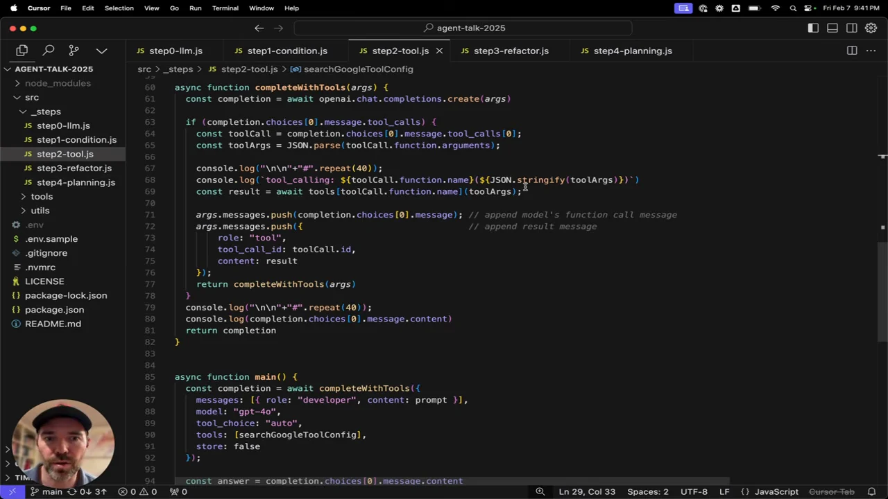 Code editor showing completeWithTools parsing tool arguments, invoking a local tool, appending messages, and calling itself again.