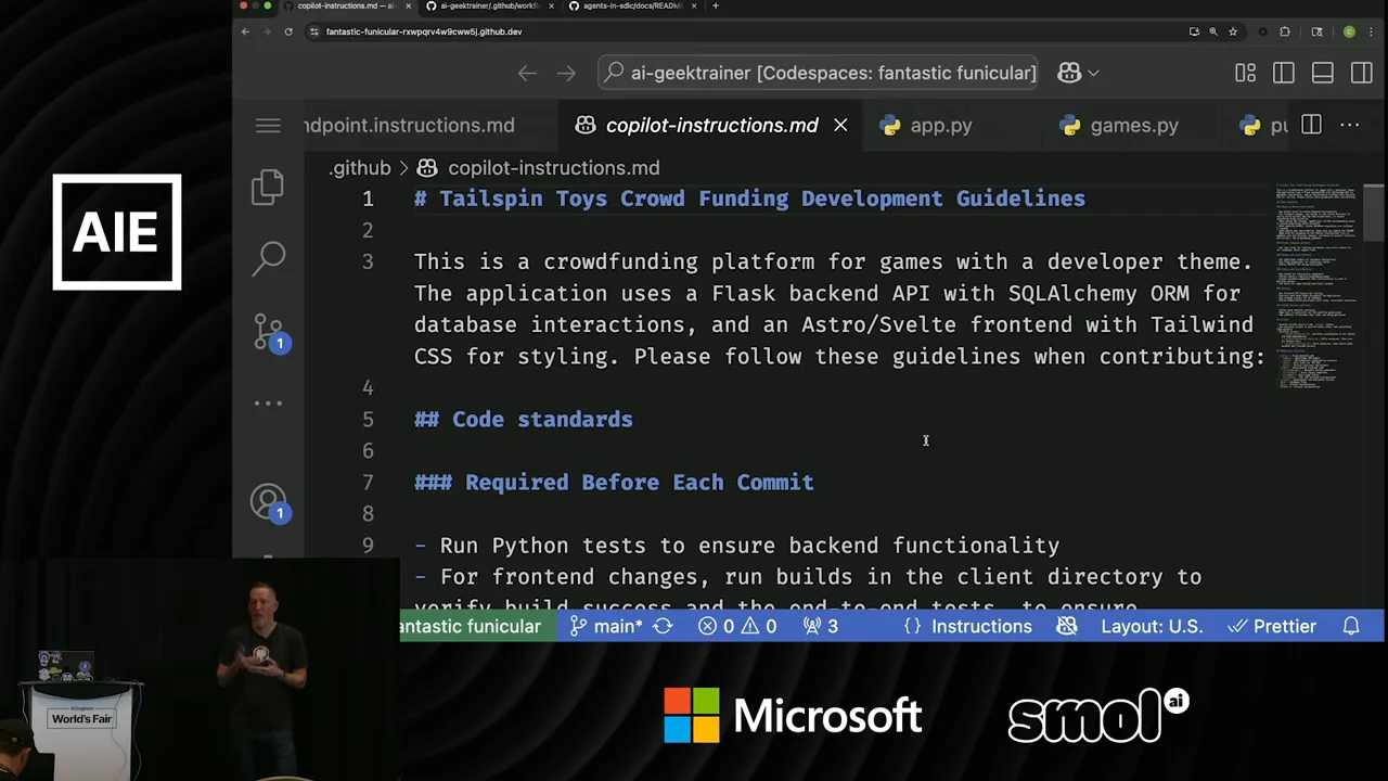 VS Code displays copilot-instructions.md with a Tailspin Toys project overview, Code Standards, and Required Before Each Commit headings.