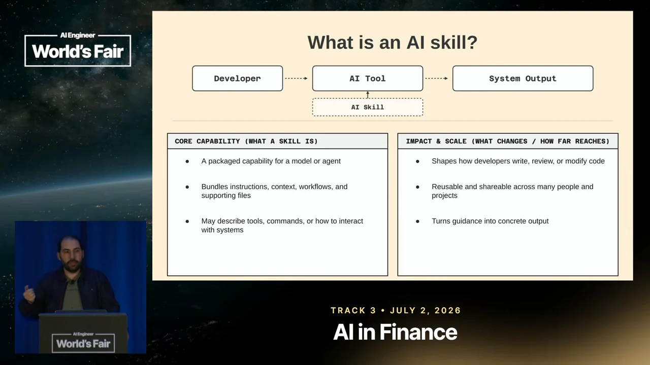 What is an AI skill? slide shows Developer, AI Tool, and System Output, with an AI Skill beneath the tool and two panels explaining core capability and impact.