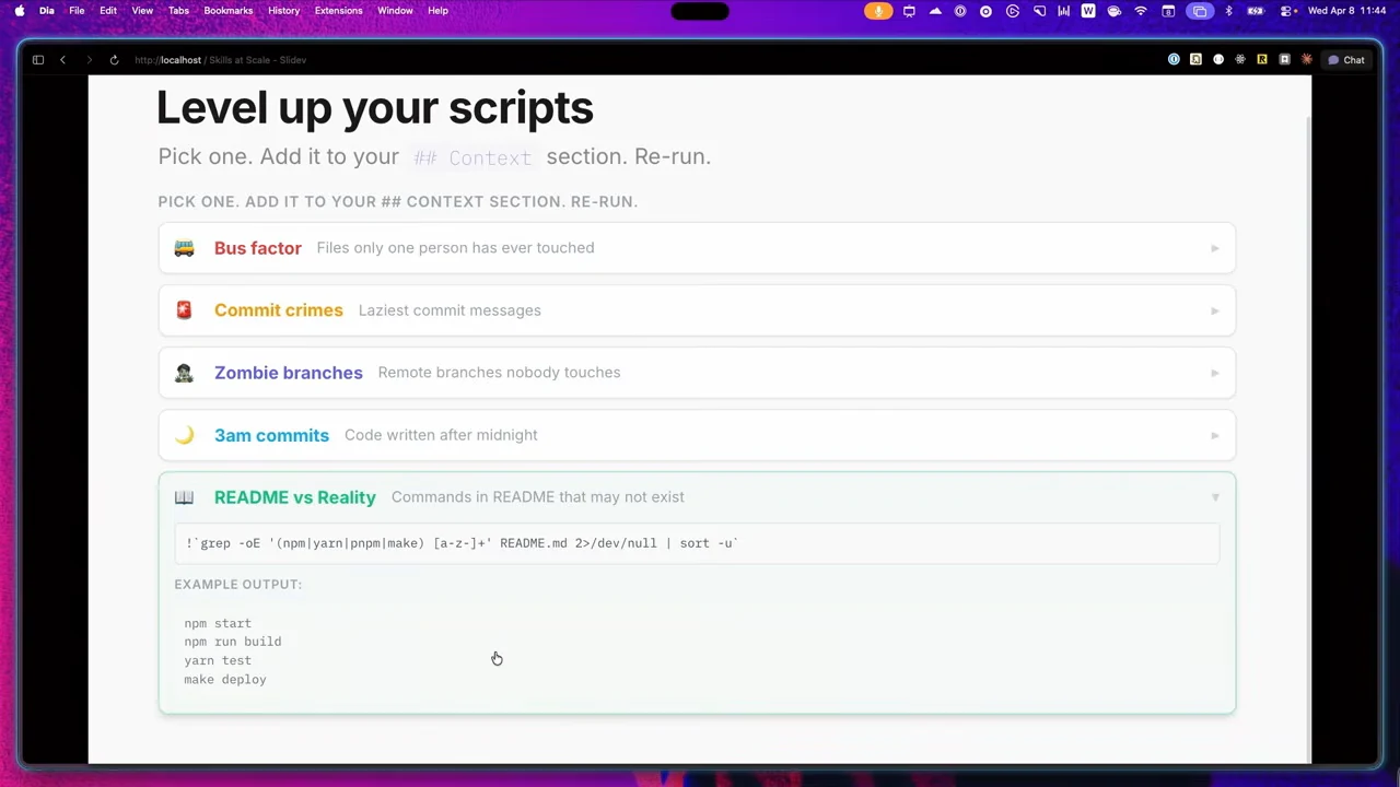 “Level up your scripts” slide with five analysis options; README vs Reality is expanded beneath bus factor, commit crimes, zombie branches and 3am commits.