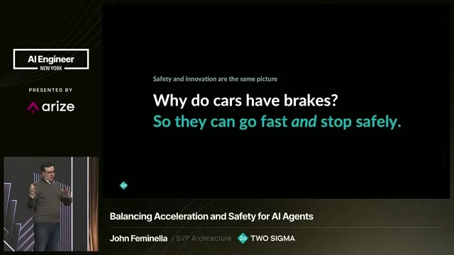 Brakes let cars go fast and stop safely—the speaker’s analogy for controls that enable useful agent autonomy.