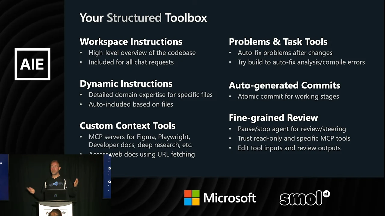 Your Structured Toolbox slide has two columns covering workspace instructions, dynamic instructions, custom context tools, problems and task tools, auto-generated commits, and fine-grained review.