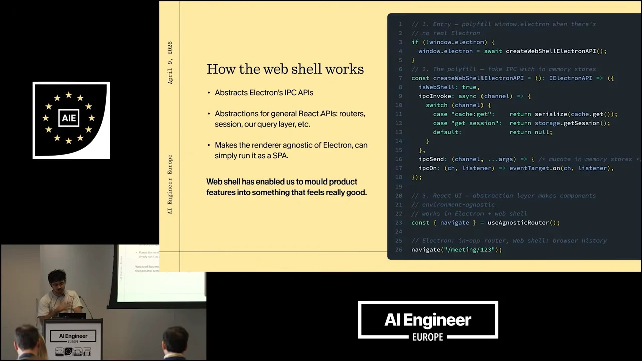 Slide describing Electron IPC and React API abstractions alongside code for a web shell and environment-independent routing.