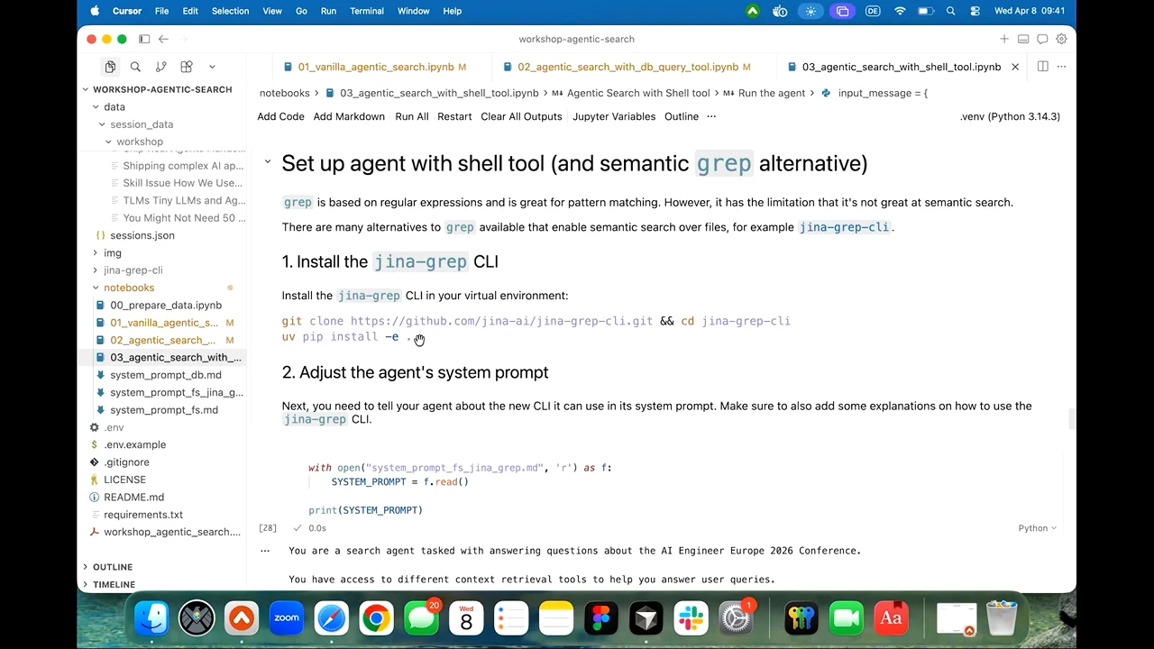 Notebook instructions for a semantic grep alternative, showing jina-grep installation commands and a section for adjusting the agent’s system prompt.