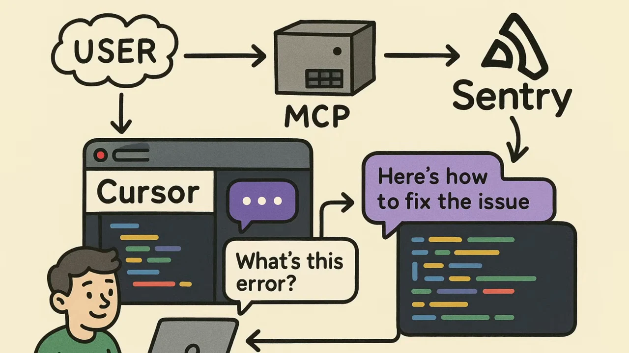 Diagram links a user to MCP and Sentry, with a Cursor window asking “What’s this error?” and a response saying “Here’s how to fix the issue.”