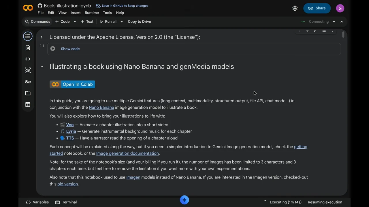 Colab notebook introduction titled “Illustrating a book using Nano Banana and genMedia models,” with an Open in Colab button and bullets for Veo, Lyria, and TTS.